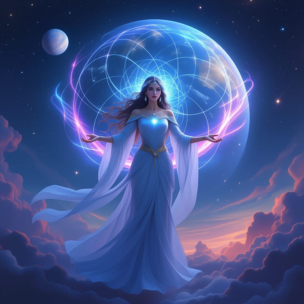 A female magical creature god creating a magical net around the planet