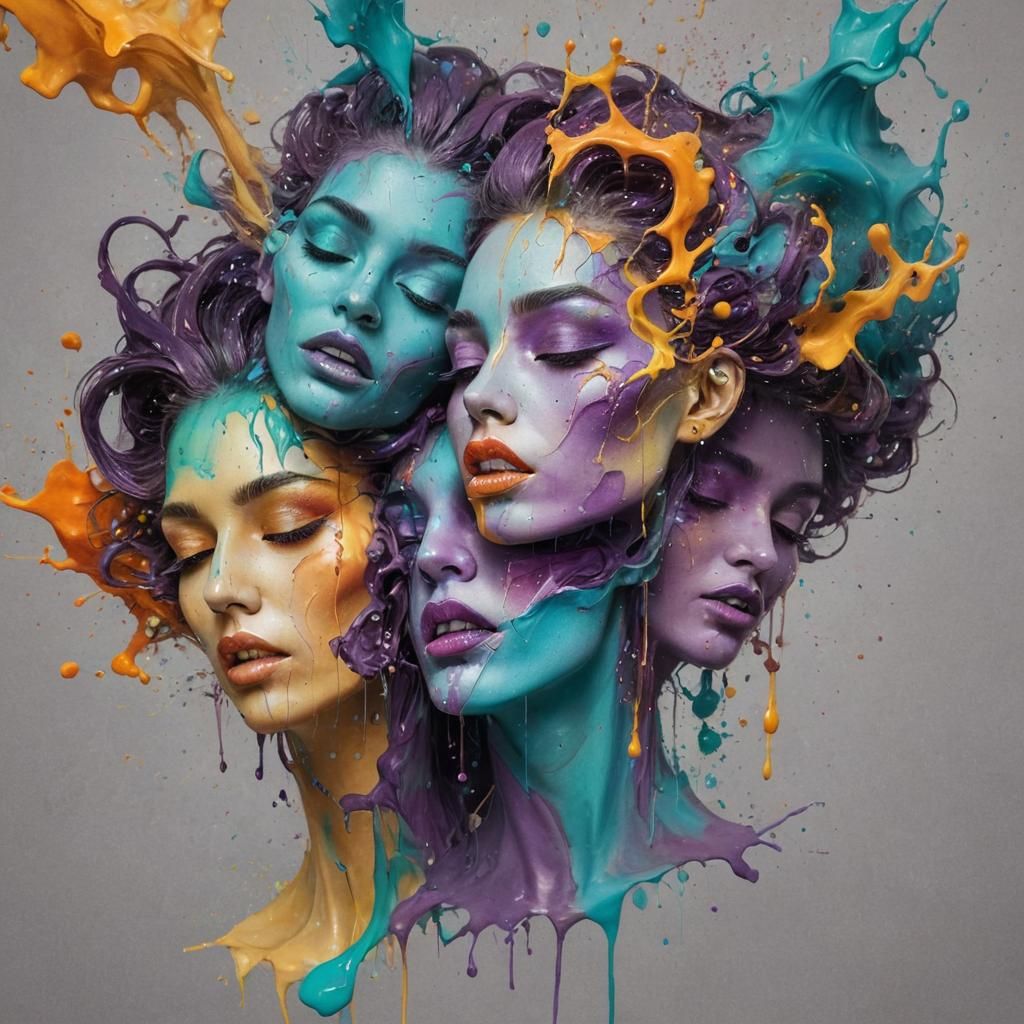 Abstract Cubist Heads Exploding with Acrylic Paint