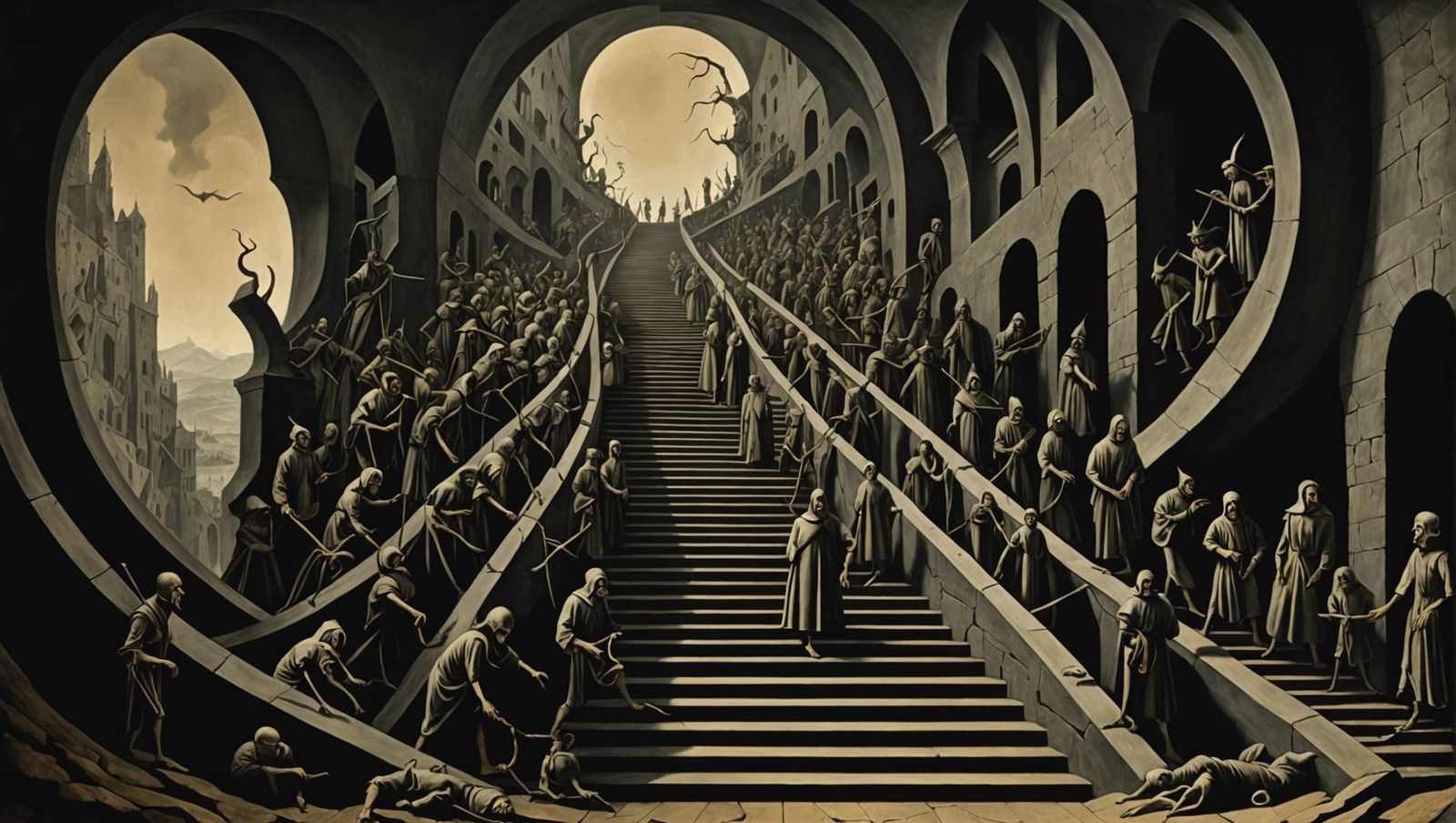 Eerie Figures Descending into a Surreal Hell