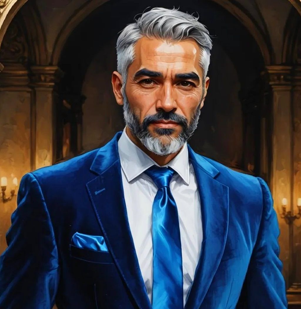 A most handsome elegant  man with silver-grey hair and beard...