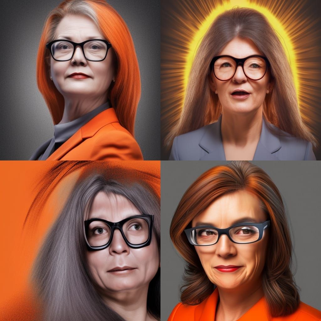 50 years old female, long hair, evil, city mayor, wearing or...