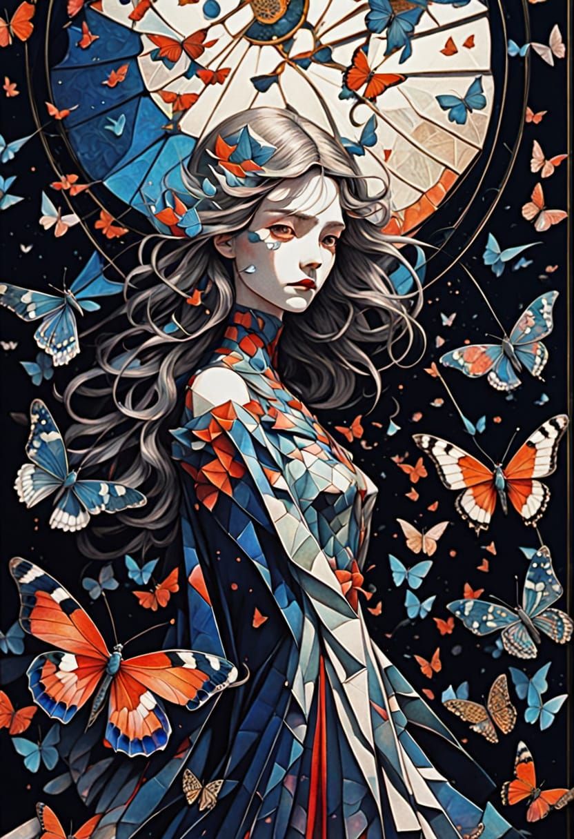 A lone angel with obsidian wings and glowing ethereal eyes, standing on a desolate, storm-ravaged battlefield. Ancient runes are etched into...