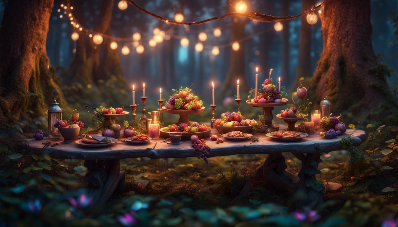 magic forest fairy food party table evening dusk magical lig...