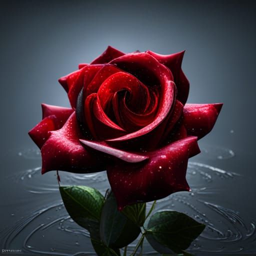 shimmering black and red colored rose with shimmering dew dr...