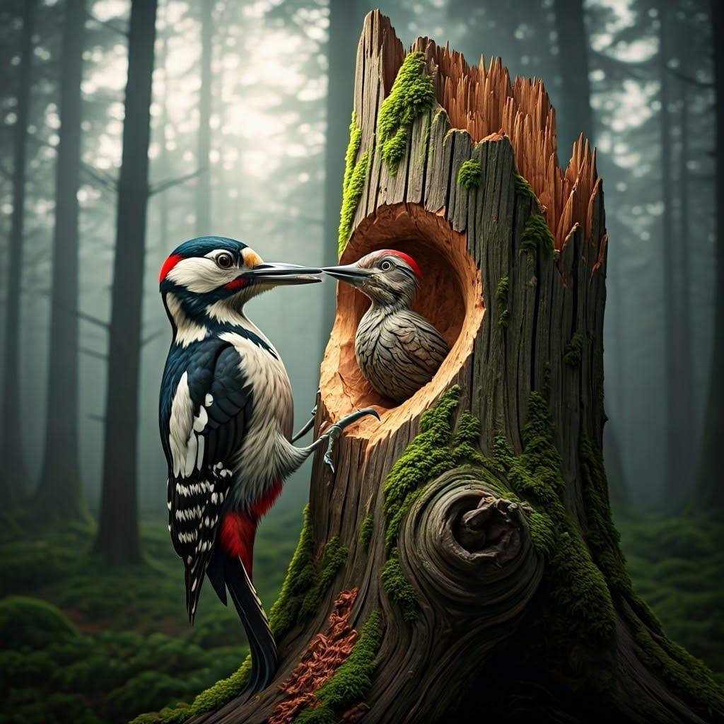 A hyperrealistic, hyperdetailed, and photo-realistic image of a woodpecker carving a beautiful, delicate ...  by @Heiner