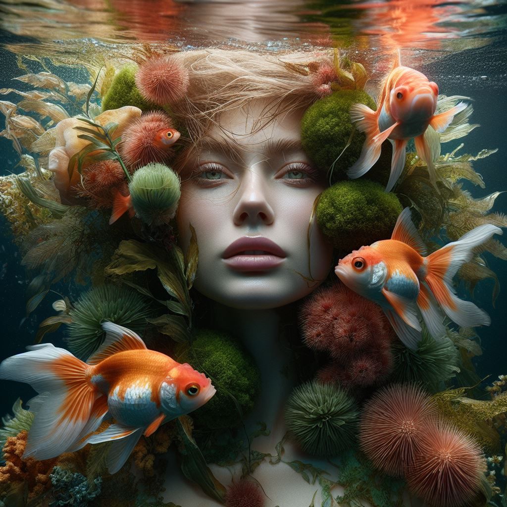 Underwater portrait with goldfish and algae