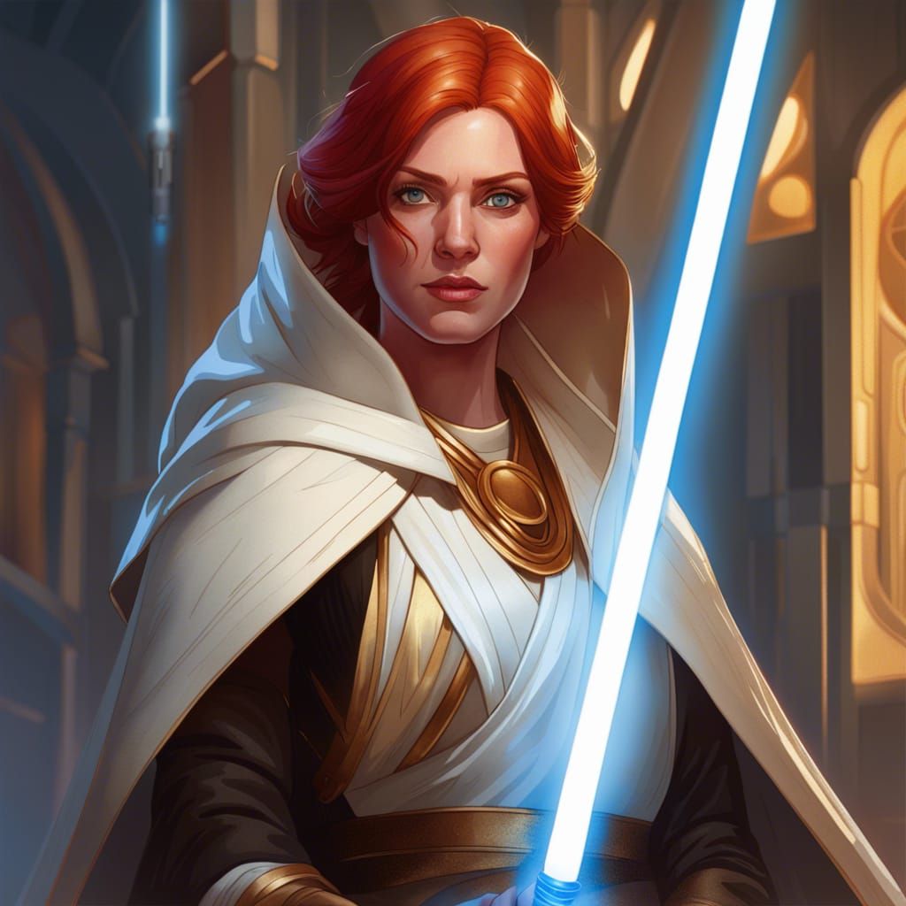 A women with red hair wearing white and gold high republic jedi robes ...