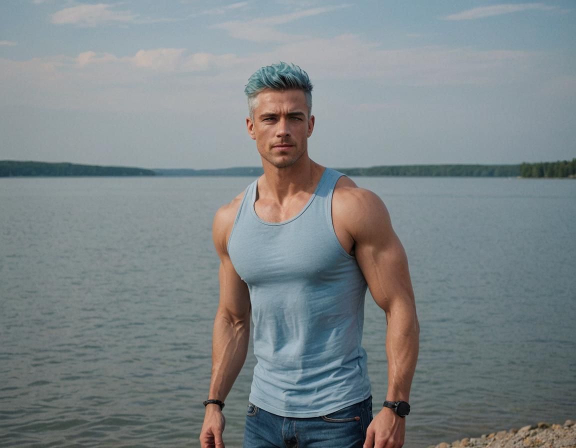 Handsome man with blue hair on the shore of lake