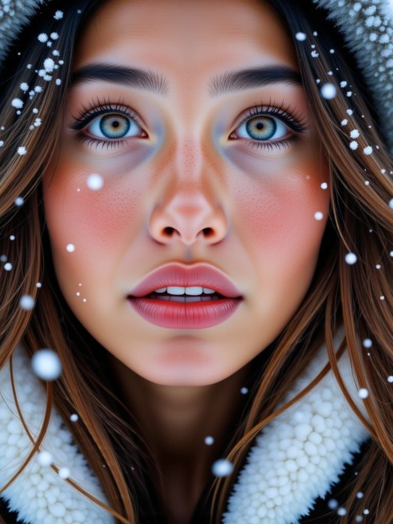 Close up portrait of a beautiful woman in the snow <lora:Close Up portrait:1.0>