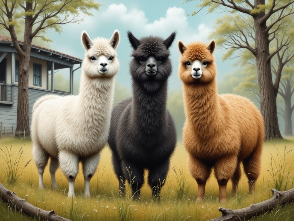 Three Alpacas in a Field, Chalk Art and Pencil Sketch Style