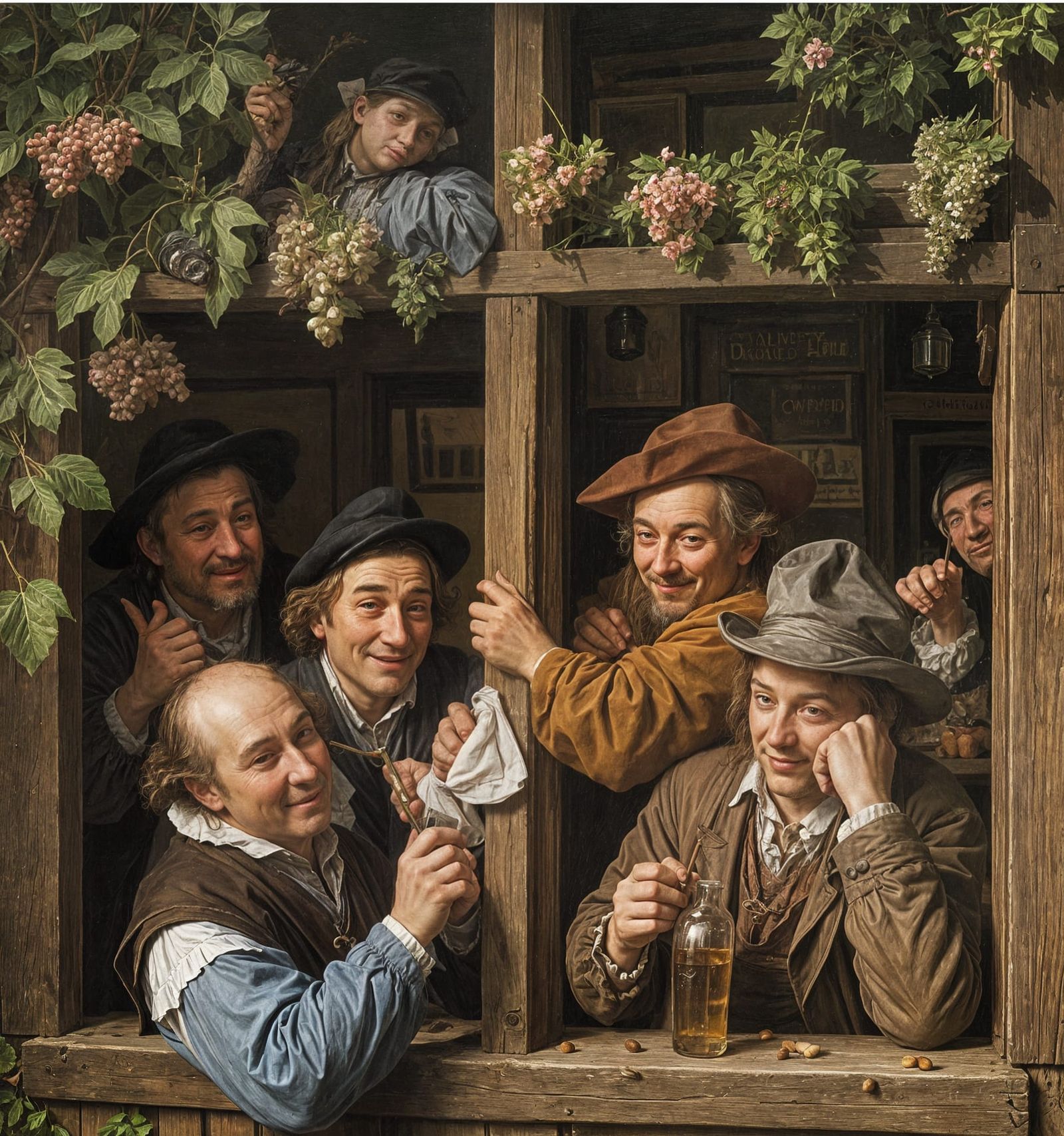 Jan Steen style, painting, out side of pub,happy patrons, tw...