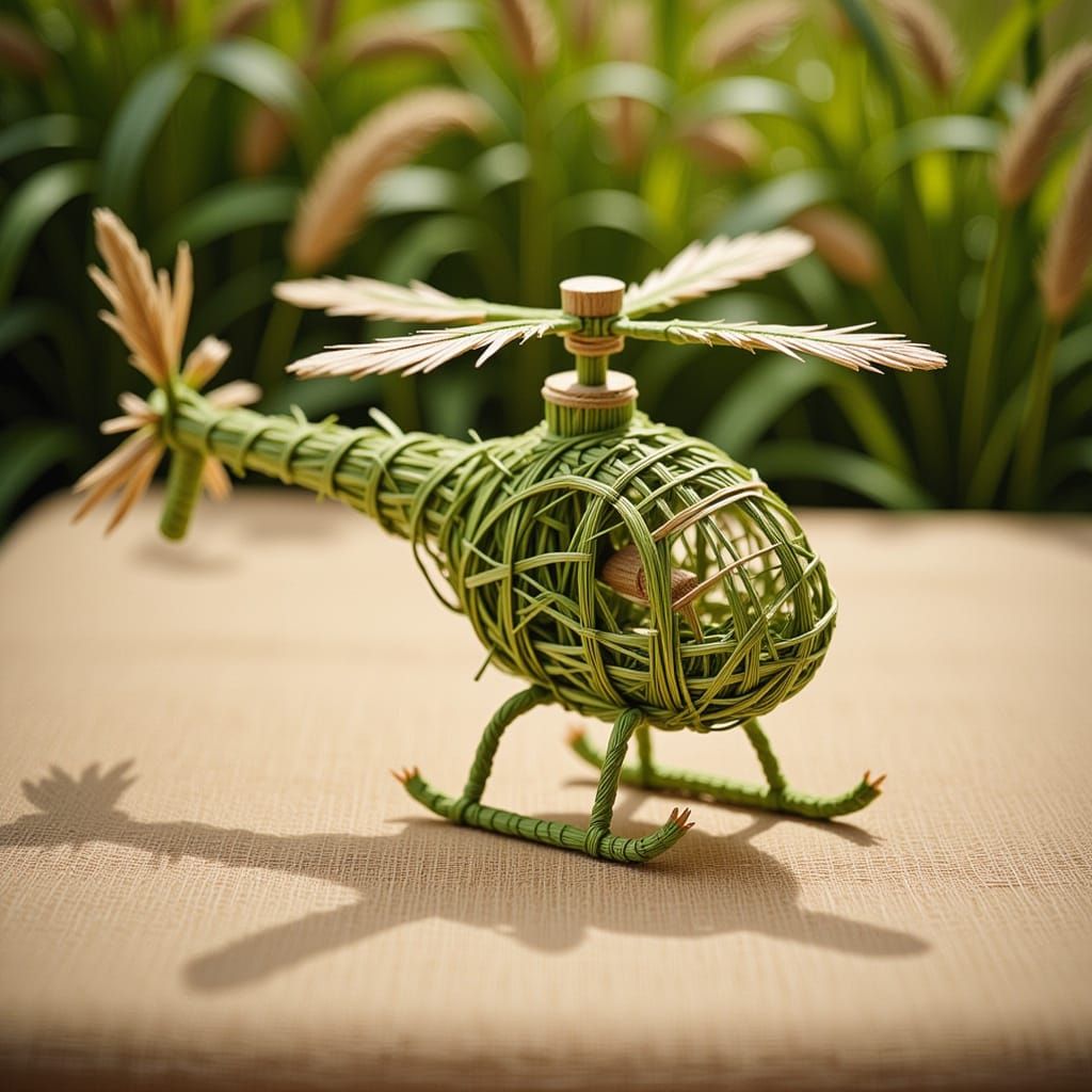 <lora:flax:1.0> toy helicopter crafted from green stems and leaves of various grasses
