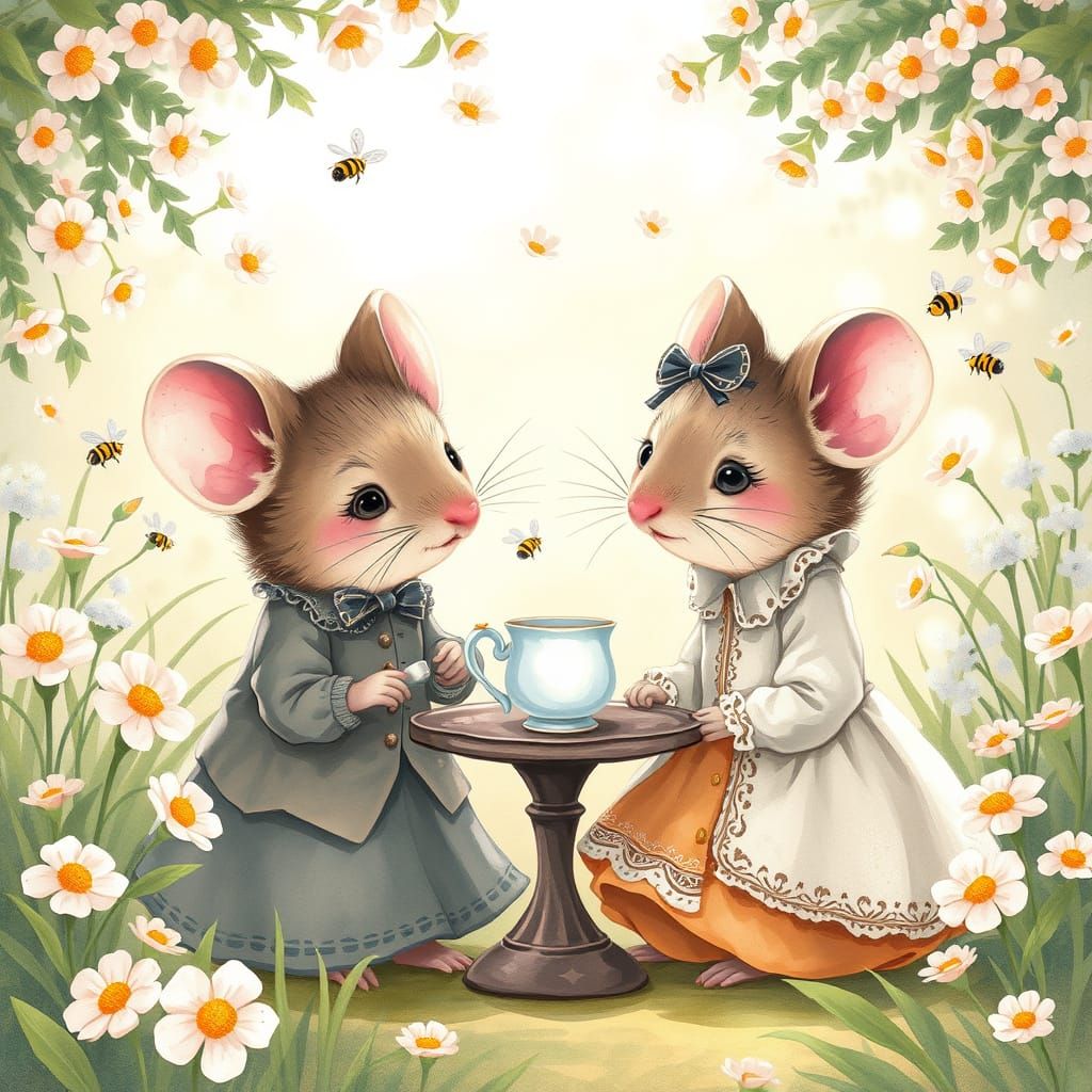Victorian Mice Tea Party in Watercolor Garden