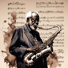 Pharoah Sanders Holding His Saxophone, Music Notes In The Background 