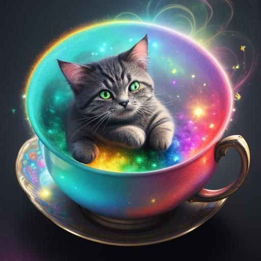 Cat in teacup filled with dreams
