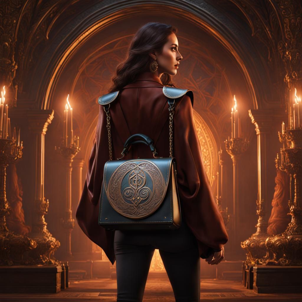 A leather bag with a ryn sigil on it worn by a beautiful wom...