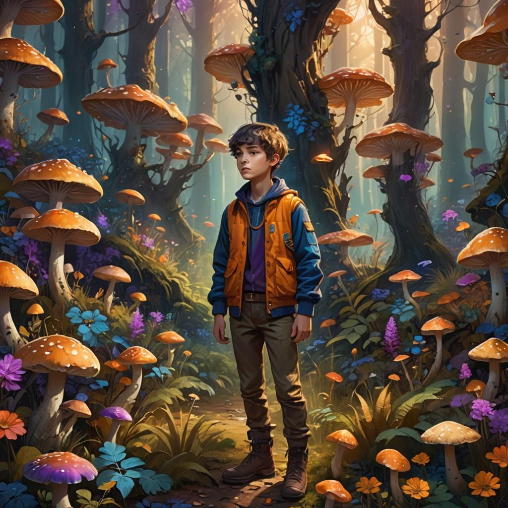 Surreal Fantasy Scene with a Young Boy in a Dreamlike Forest