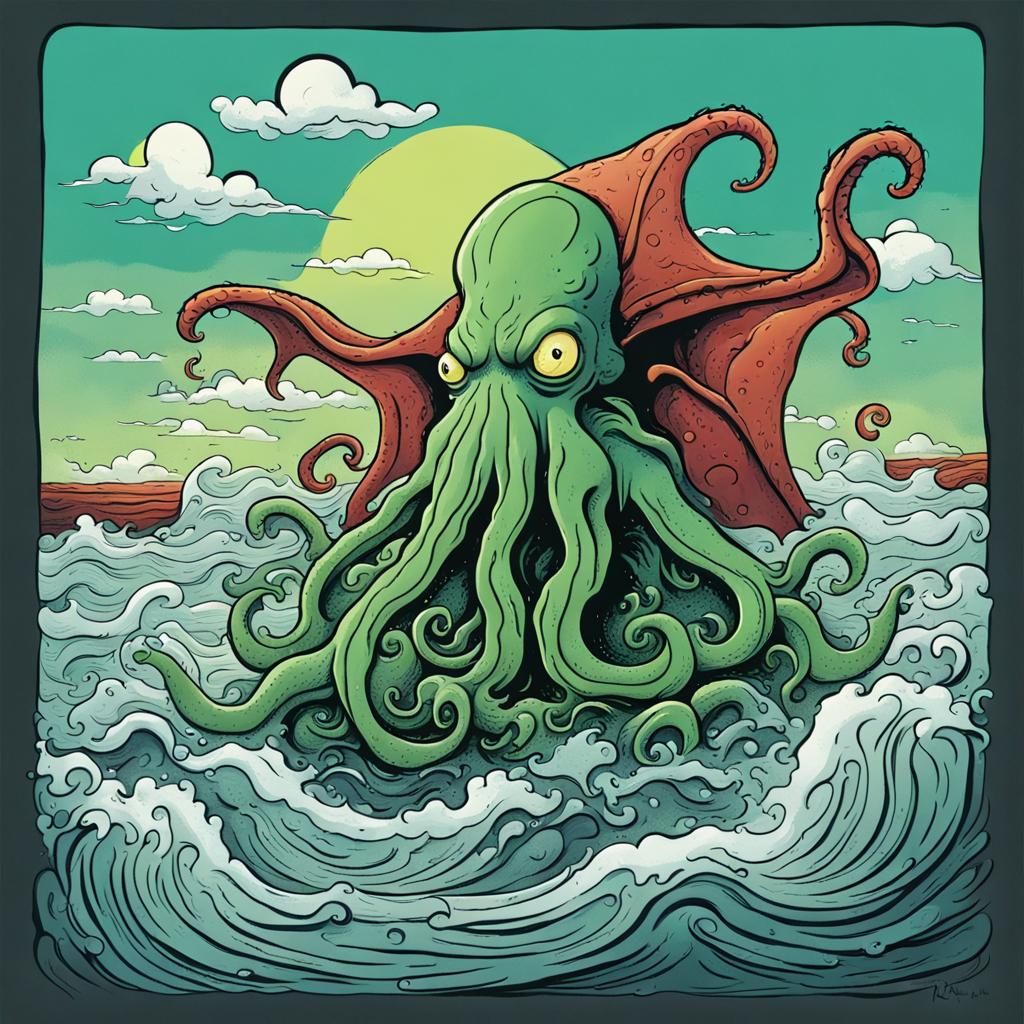 Cartoon book illustration of Cthulhu rising from the sea, in the style ...