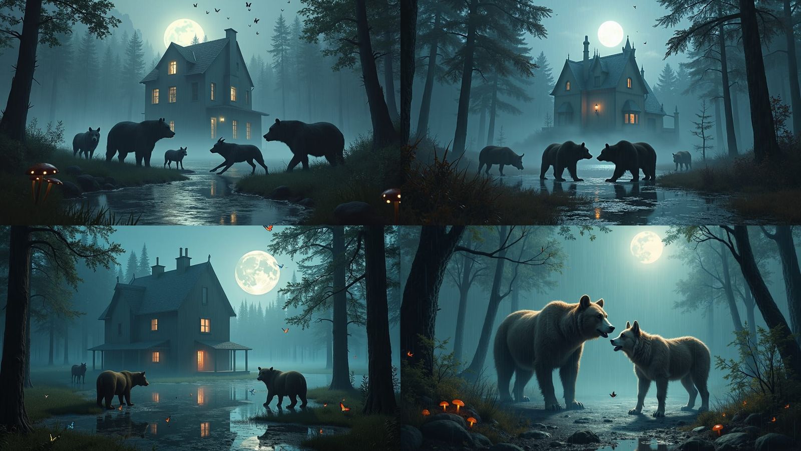 animals going crazy, fighting, forest animals, bears, wolves...
