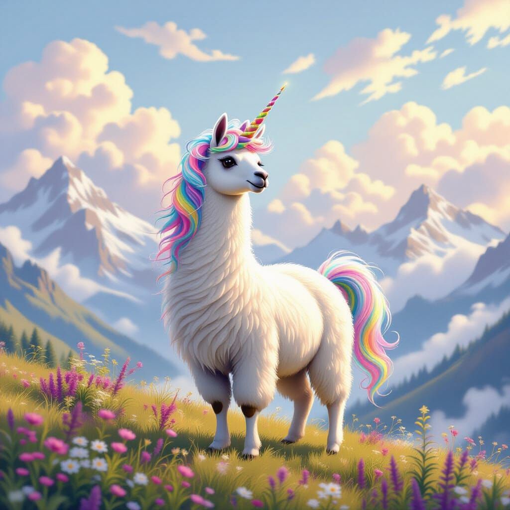 A llama with a shiny unicorn horn and rainbow mane, standing on a mountain meadow, dreamy fantasy art, pastel tones, gentle clouds