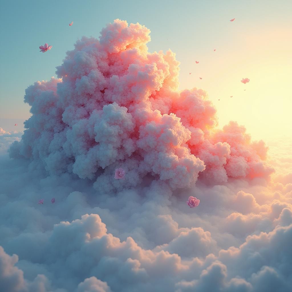 Mystical Flower Cloud in Golden Light, Watercolor Style