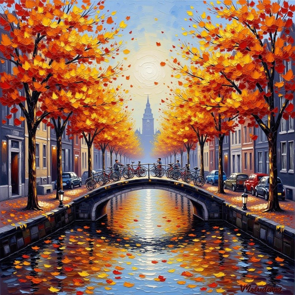 <lora:Impression Impasto:1.0> Autumn canal in Amsterdam — fallen leaves floating, bicycles on bridge, heavy impasto paint, golden reflection...
