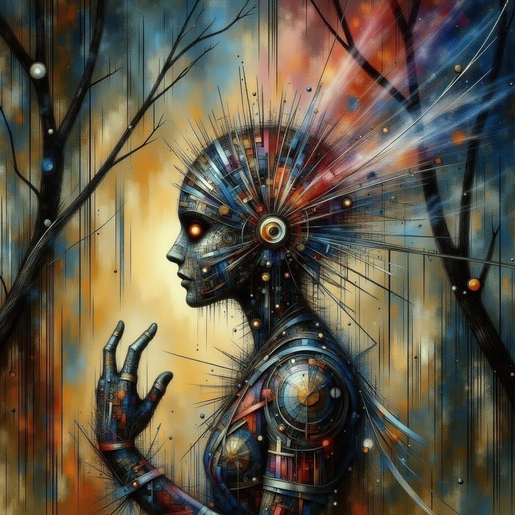 <lora:-Abstragony-:1.0>  Whimsical atmosphere ▪ Enchanted forest setting ▪ Scarecrow figure with glowing eyes and a fabric head ▪ Playful co...