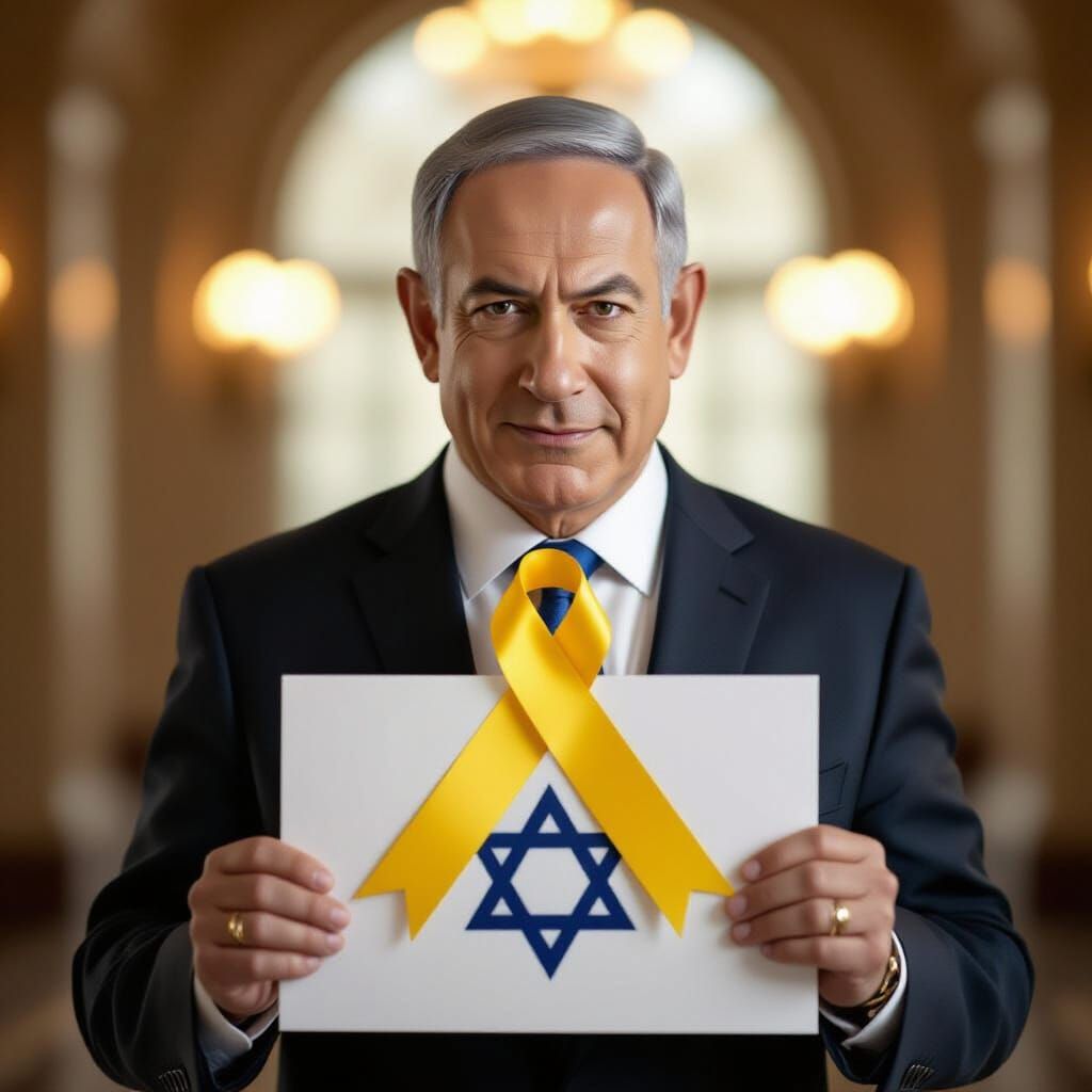 Benjamin Netanyahu Holding Yellow Ribbon Symbol