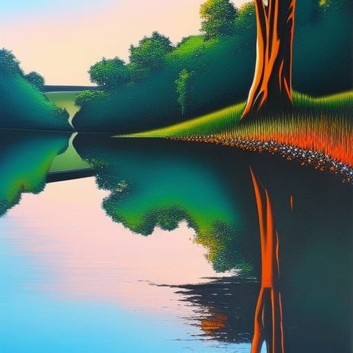 tulips on the edge of a river with reflections and tall tree...
