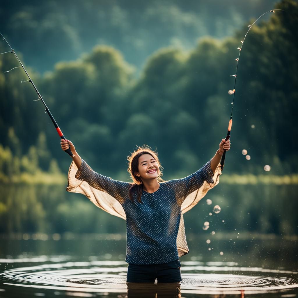 uma mulher sorrindo feliz e pescando em um lago transparente