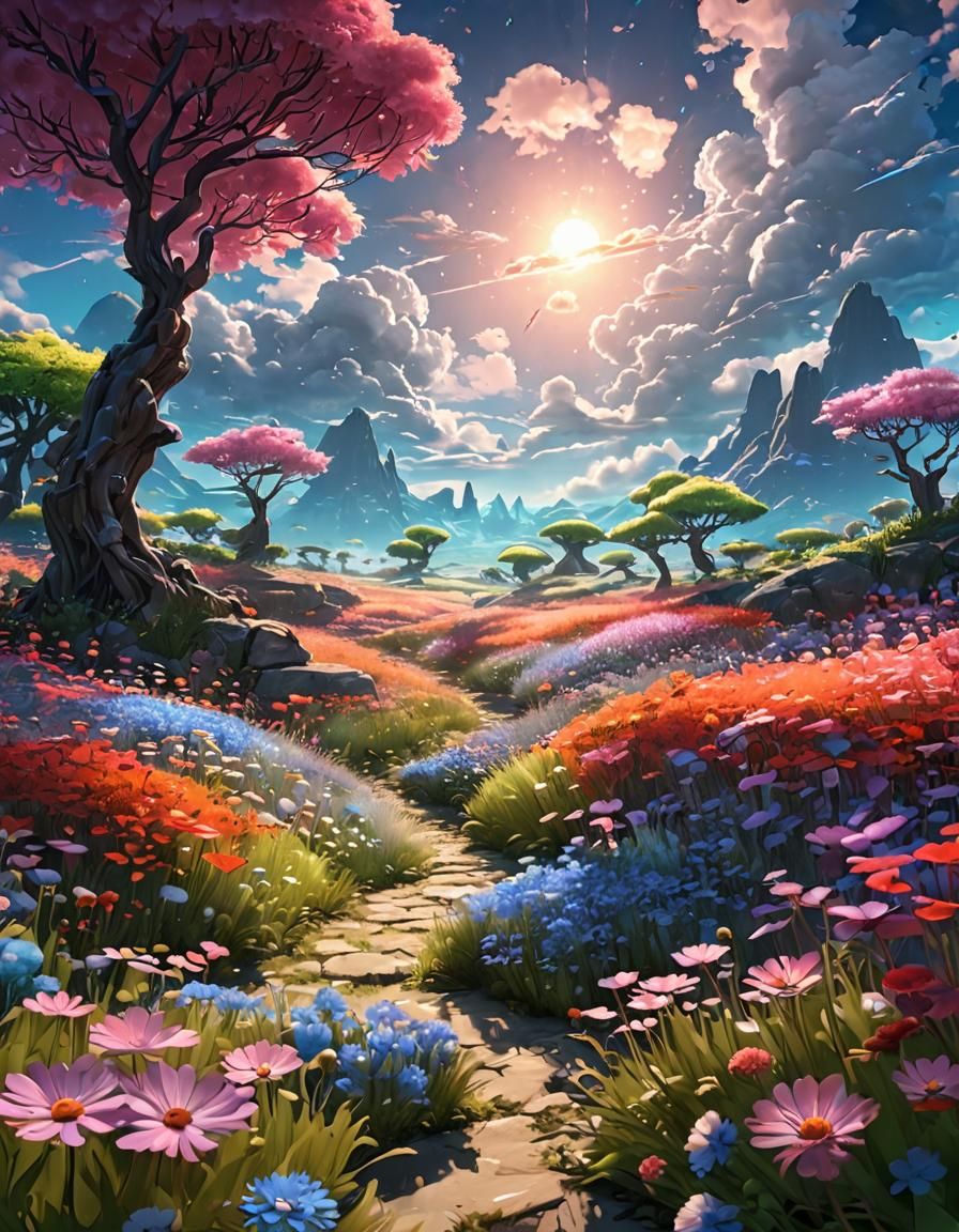 Magical or fantasy landscapes where neon plants, creatures, ...
