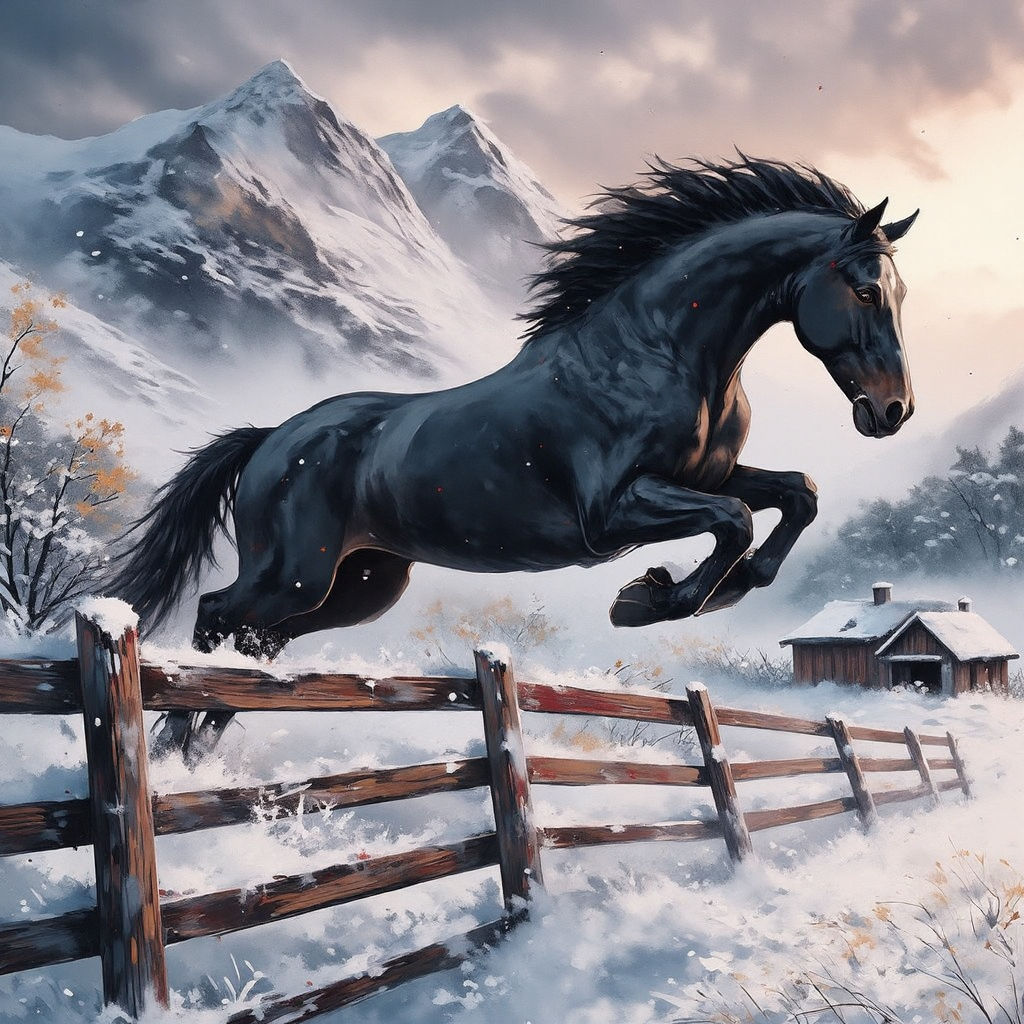 A beautiful black horse in full gallop jumping a wooden fence,