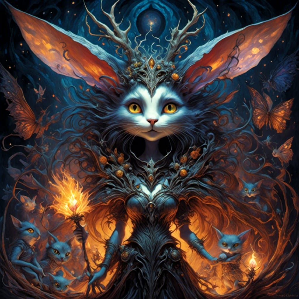 <lora:Dusk 4:1.0>  Dark fey creature of the flames , cat lik...