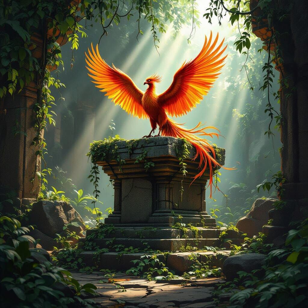 A majestic phoenix perched atop a cracked, ancient stone altar in a forgotten jungle temple. Vines and moss cover the weathered stones, and ...