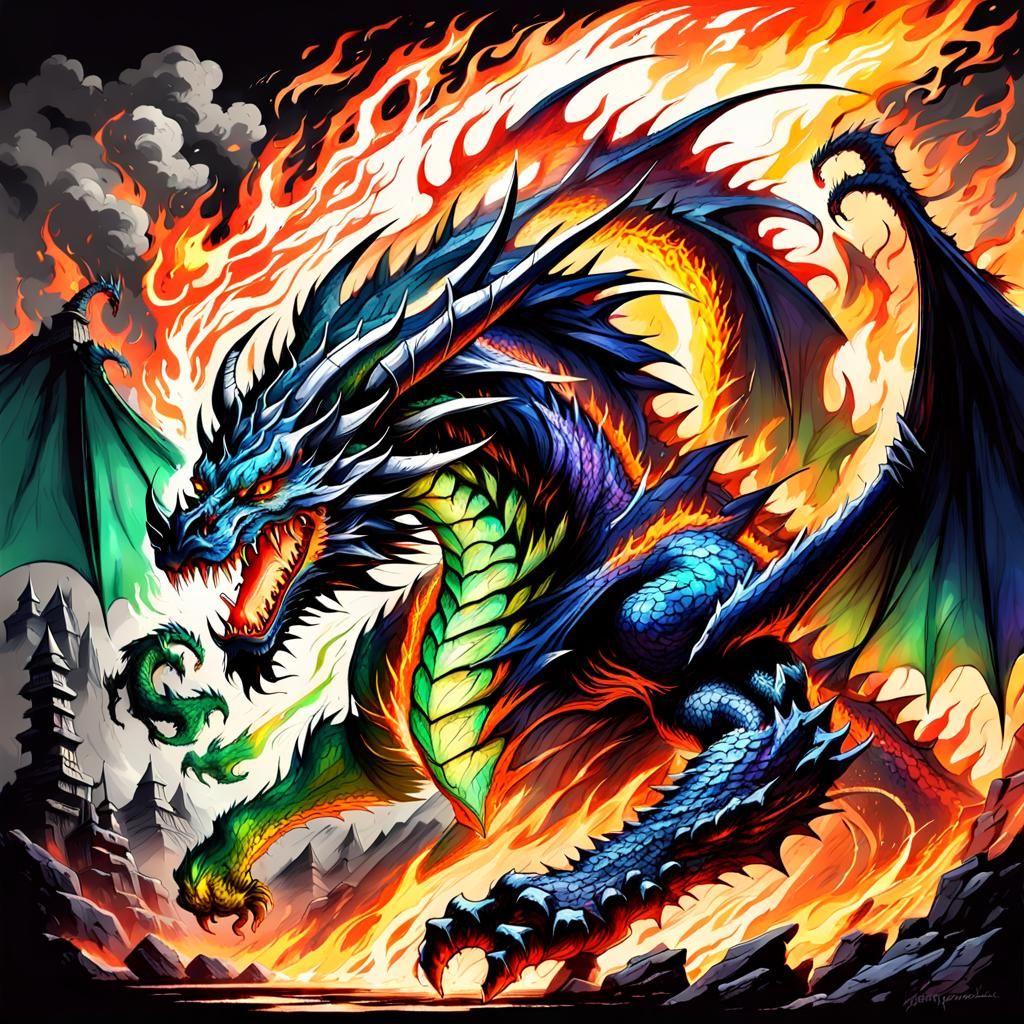 <lora:Dargon:1.0> <lora:Dargon 2:1.0> Fantastical flaming demon dragon soul true king of all ragnarök unchained, final boss demon dragon unl...
