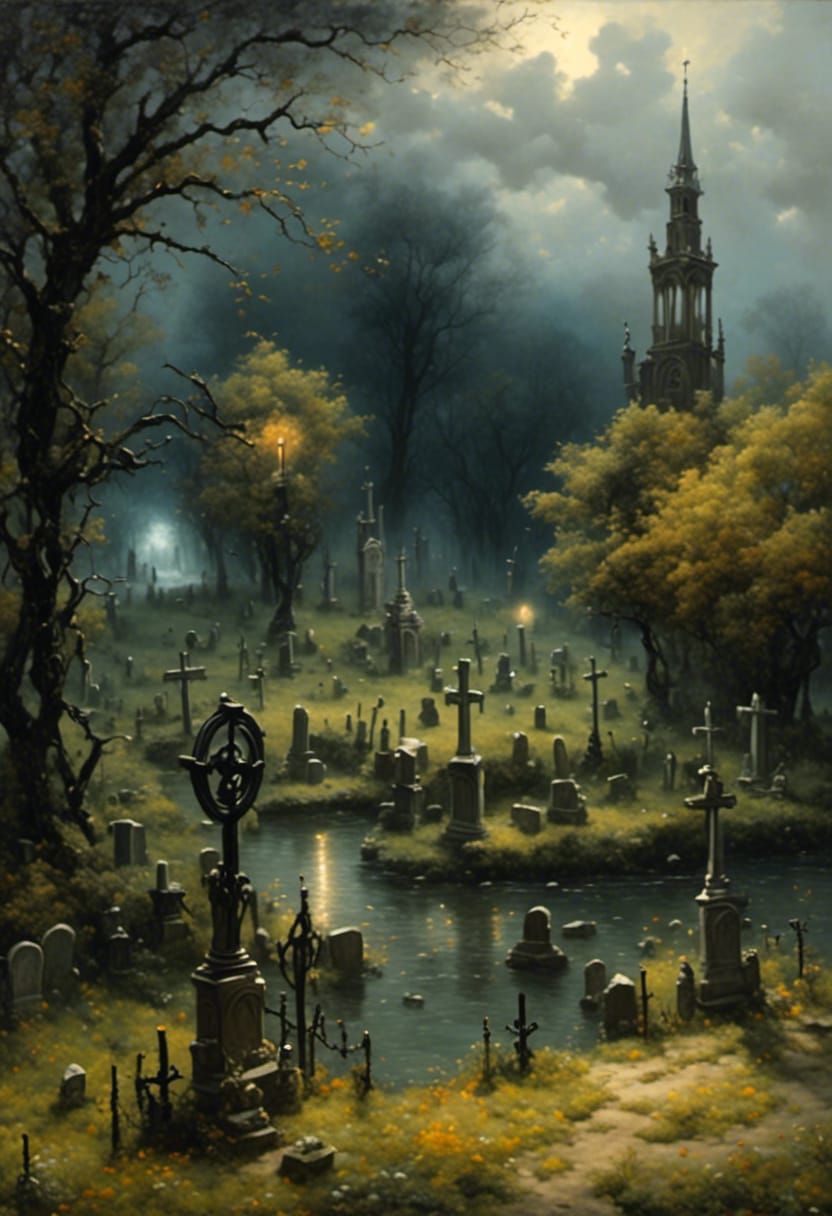 creepy Graveyard by a river in the style of Constable <lora:...