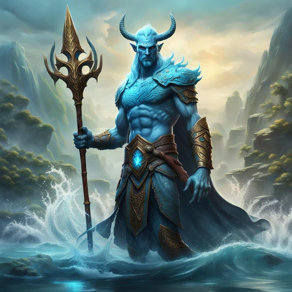 Water Genasi Druid with Trident, Fantasy Concept Art