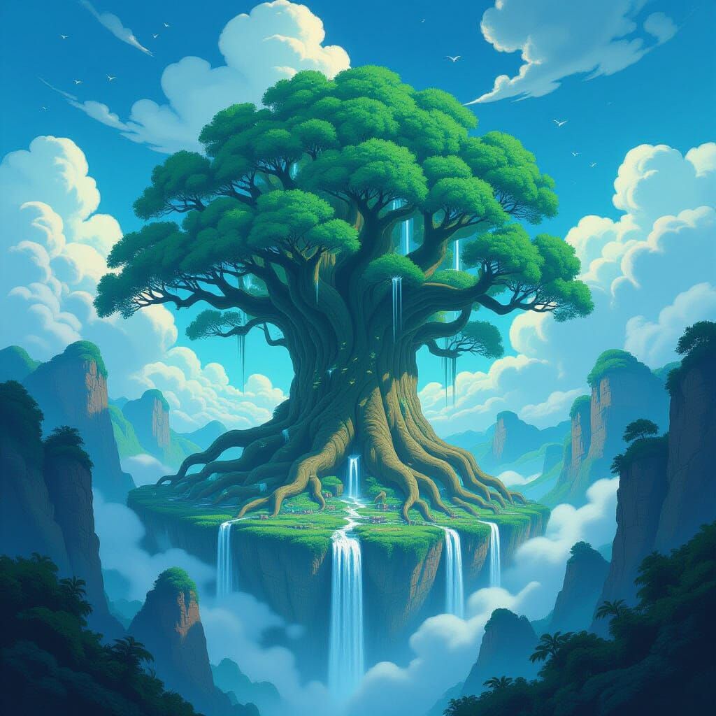 A colossal ancient tree with roots that form intricate, sky-bound islands, each level adorned with bioluminescent flora and fauna. Waterfall...