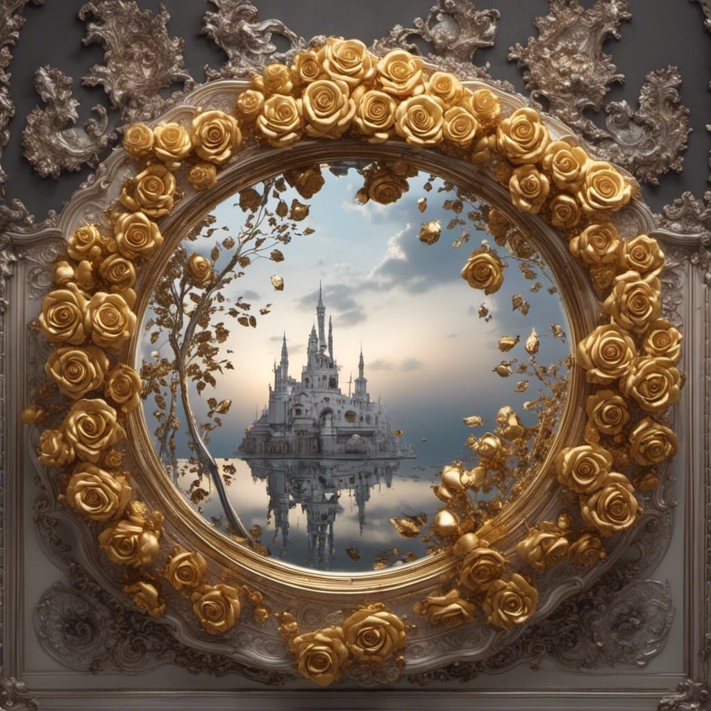 Golden Roses Reflected in Ornate Mirror