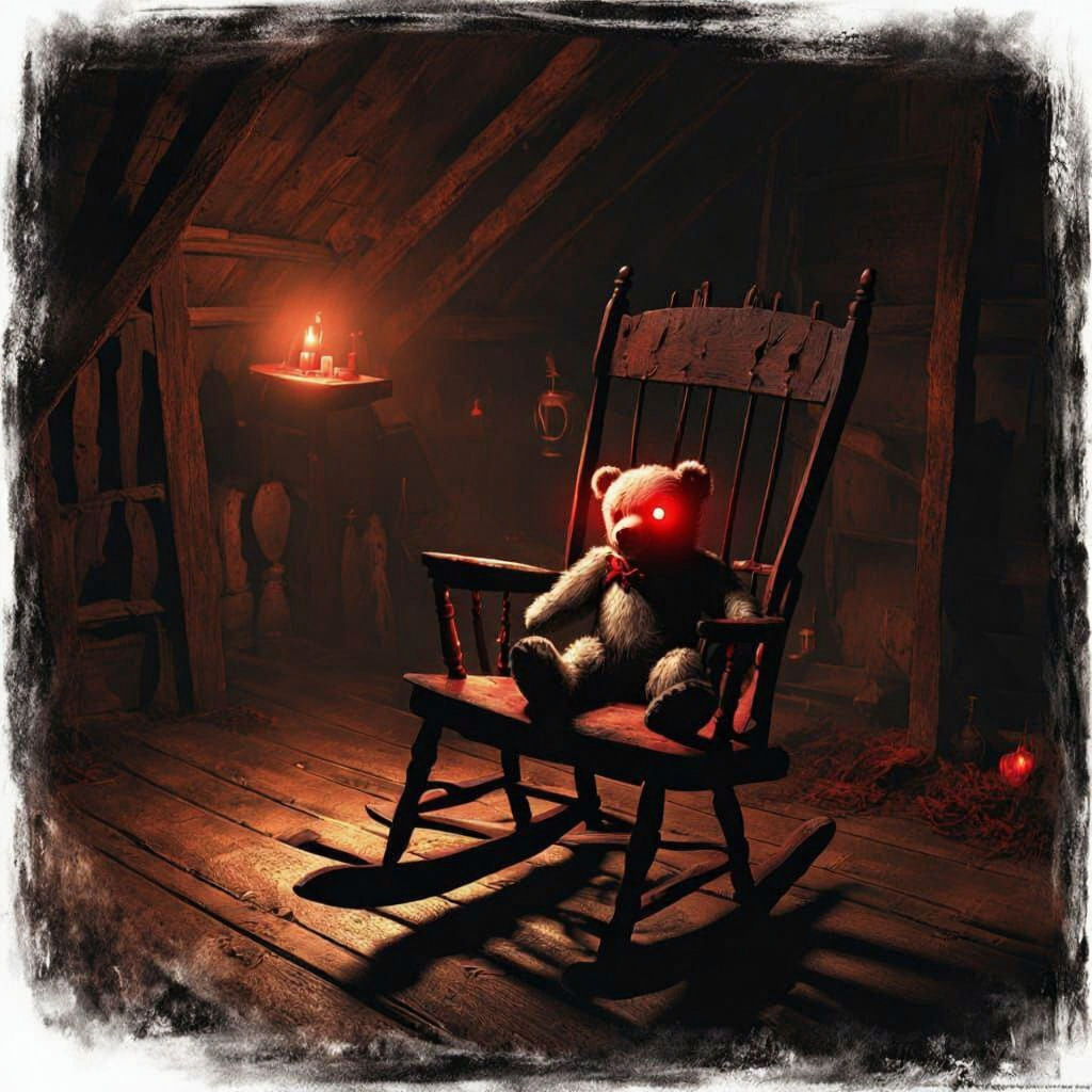 Gothic horror concept art. A lone, tattered teddy bear with button eyes replaced by glowing red embers, sits on a dusty, antique rocking cha...