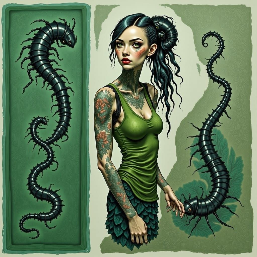 <lora:UnBroken 2p0:1.0> quarter profile of young cyborg woman in (green kudzu dress sheet and indigo paisley skirt), millipede tattoos, biom...