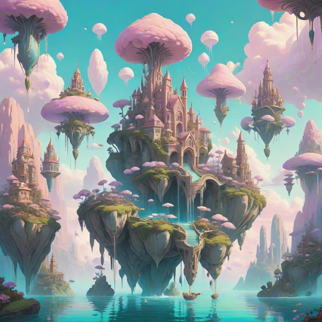 A surreal dreamscape where gravity is reversed, with floating islands of rock and water suspended in ...  by @JJackyR