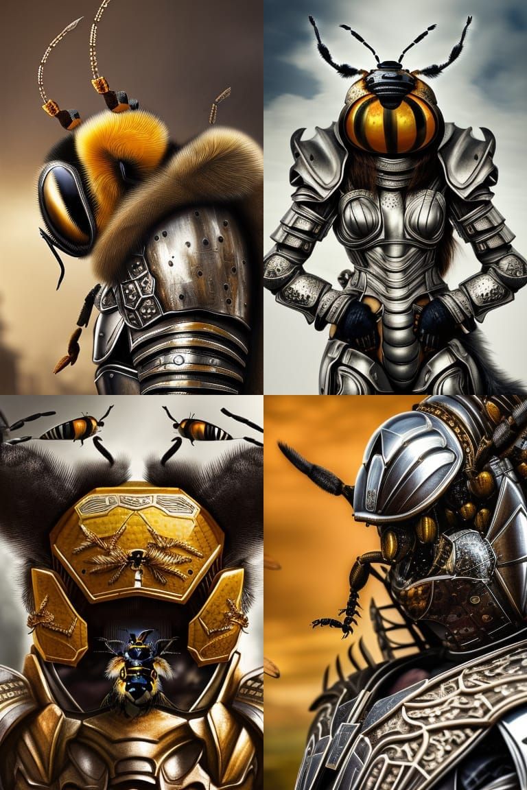Portrait of a moody looking bee wearing armour and a beer ; Ina Wong, Ivan Laliashvili, Chang-Wei Chen, epic backdrop, S...