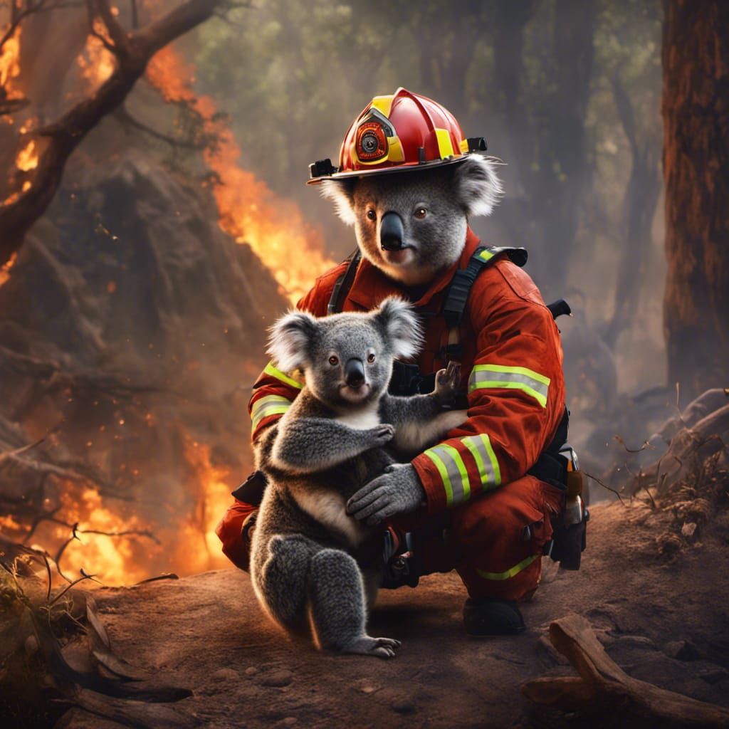 Fire fighters saving a koala bear