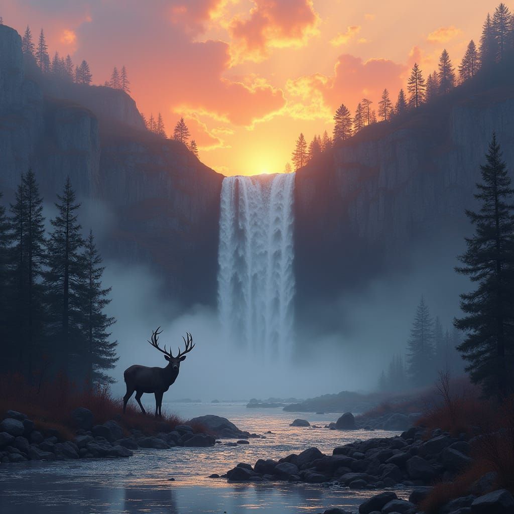 Breathtaking Waterfall Landscape in Vibrant Sunset Colors