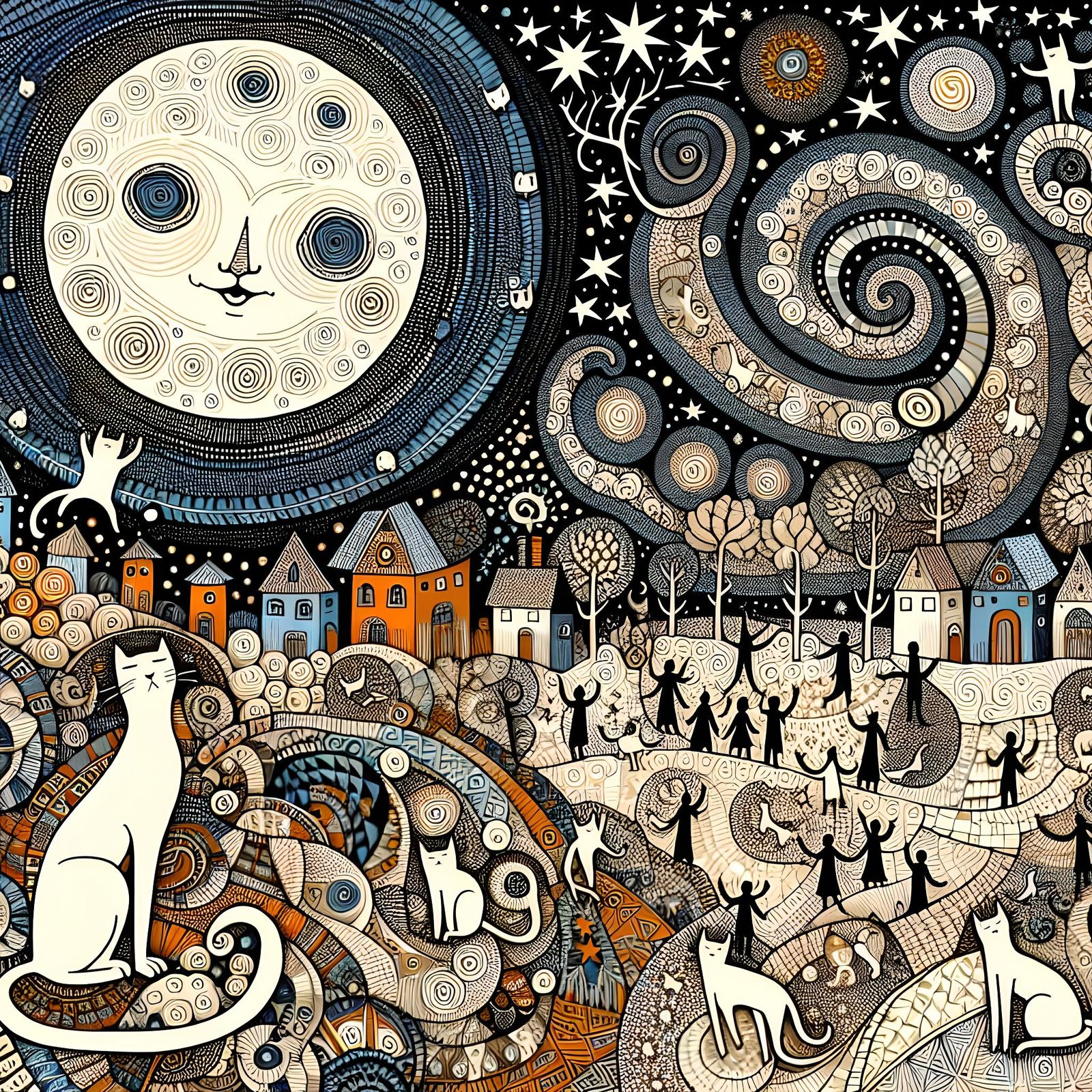 Whimsical Moonlit Celebration in Naive Surreal Style