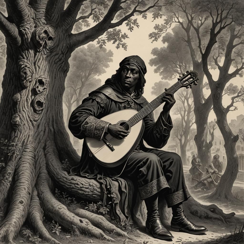 A black and white illustration of a traveling minstrel playing a lute while sitting next to a tree.