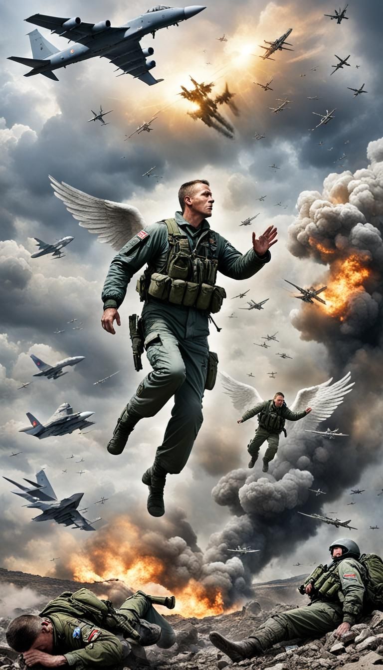 Archangels flying above a dying US Air Force pilot as he cra...