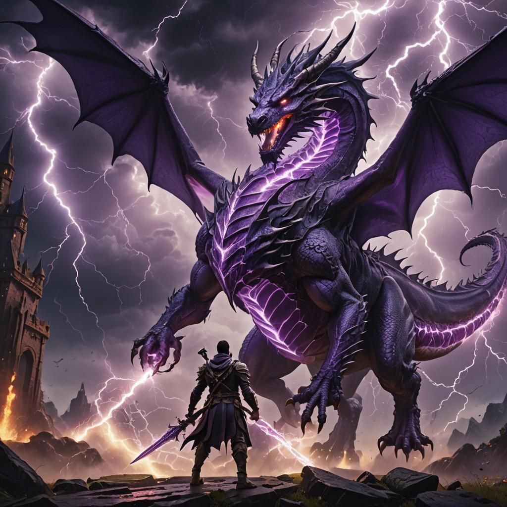 human with a lance mounted on 
a purple dragon lightning sto...