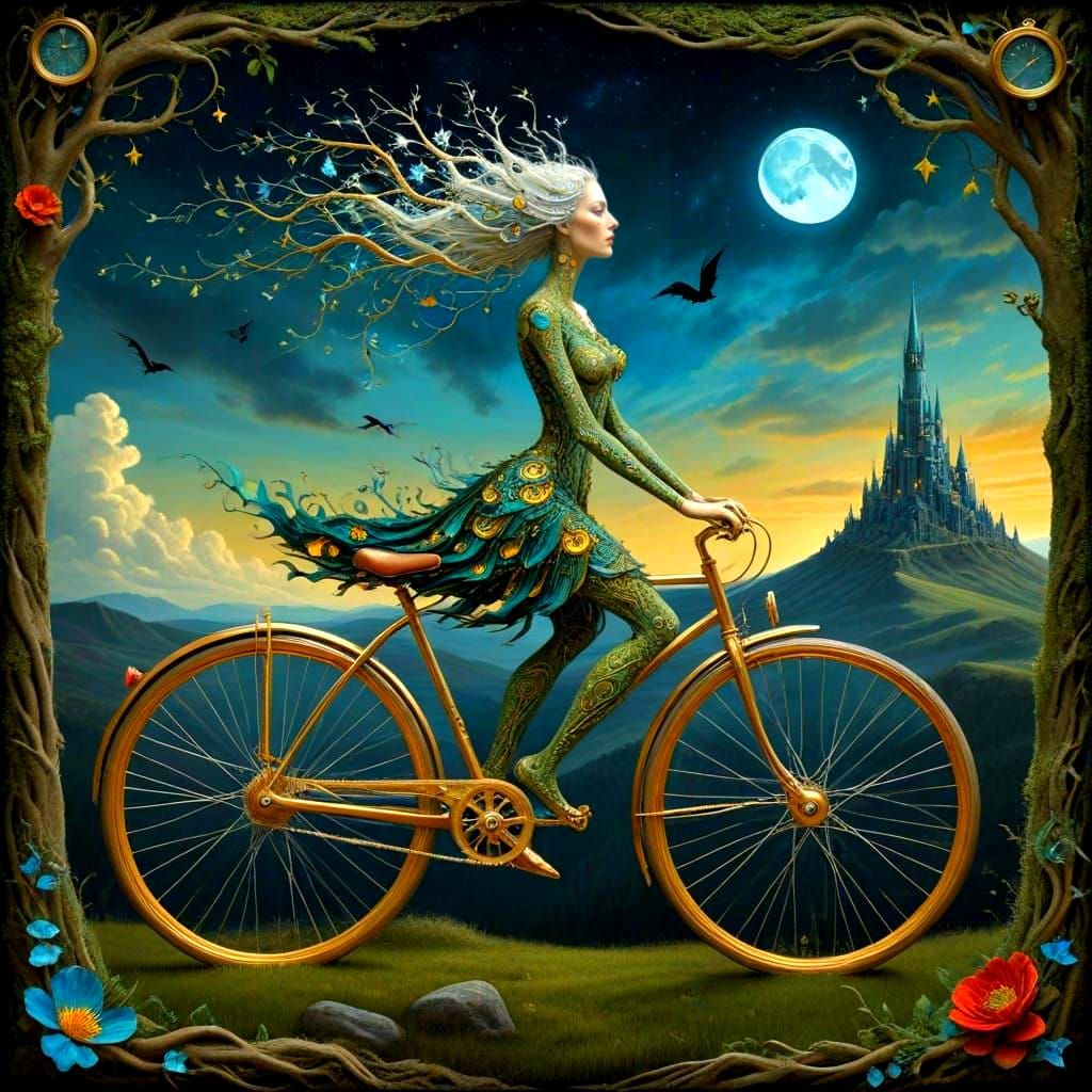 Surrealistic Bicycle in a Vibrant, Mystical Landscape